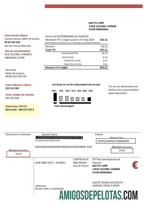 realista Modelo de conta de serviços públicos France Gaz De France Dolcevita em formatos Word e PDF1